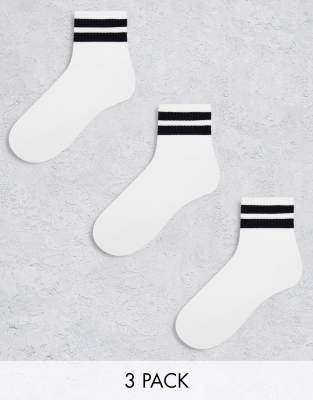 ASOS DESIGN - 3er-Pack knöchelhohe Frottee-Socken in Weiß mit Streifen