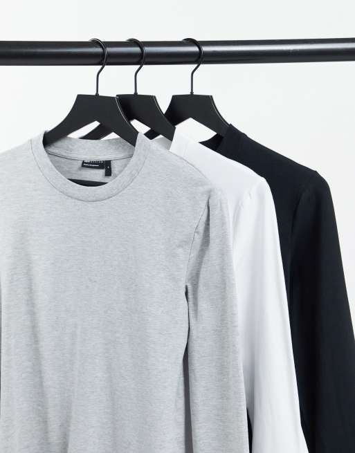 ASOS DESIGN – 3er-Pack langärmlige Muskelshirts in Weiß, Schwarz und Grau meliert mit Rundhalsausschnitt, 3 von 4