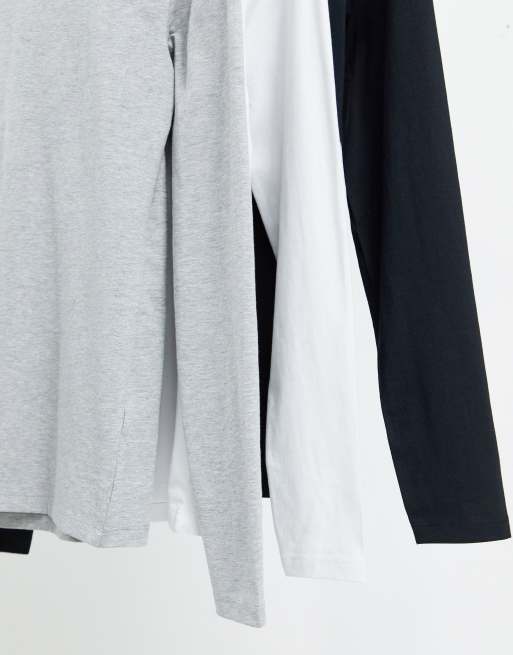 ASOS DESIGN – 3er-Pack langärmlige Muskelshirts in Weiß, Schwarz und Grau meliert mit Rundhalsausschnitt, 4 von 4