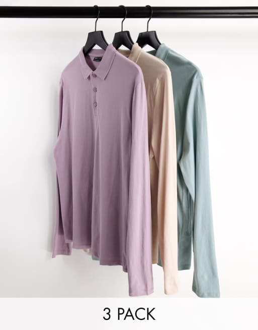 ASOS DESIGN – 3er-Pack langärmlige Poloshirts aus Jersey in verschiedenen Farben - MULTI