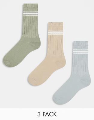 ASOS DESIGN - 3er-Pack lässige, knöchellange Crew-Socken mit Streifen in neutralen Farben