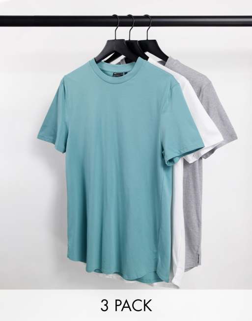 ASOS DESIGN – 3er-Pack Longline-T-Shirts in Blau, Weiß und Grau mit seitlichen Schlitzen