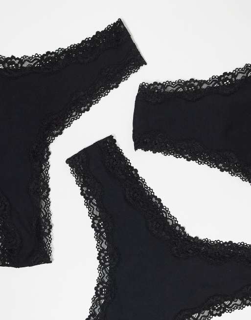 ASOS DESIGN – 3er-Pack Malilbu-Tangas aus Baumwolle mit Spitzenbordüre und hohem Bund, in Schwarz, 3 von 3
