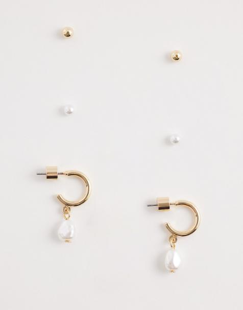ASOS DESIGN – 3er-Pack Ohrringe und Ohrstecker in Goldoptik mit Kunstperlen - view 1