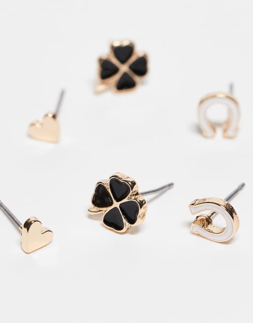 ASOS DESIGN – 3er-Pack Ohrstecker im cleanem Blumen-Design in Schwarz, Weiß und Gold-Optik, 2 von 3