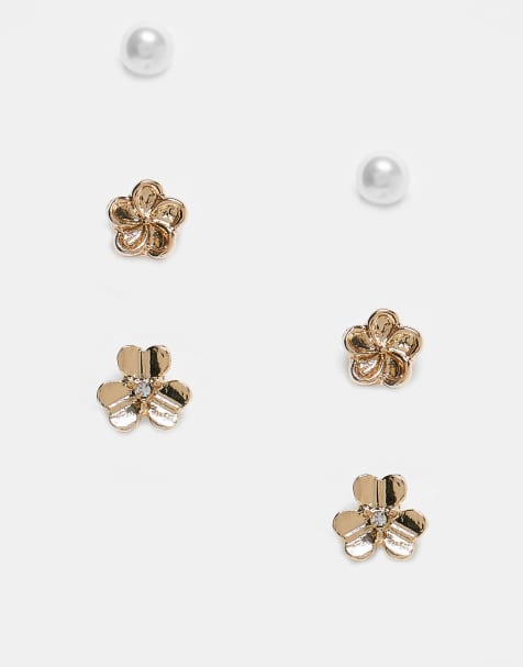 ASOS DESIGN – 3er-Pack Ohrstecker mit Perlen- und Blumendesigns in Gold-Optik - view 1