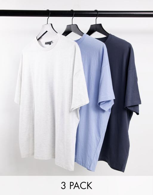 ASOS DESIGN – 3er-Pack Oversize-T-Shirts in Weiß, Blau und Anthrazit mit Rundhalsausschnitt