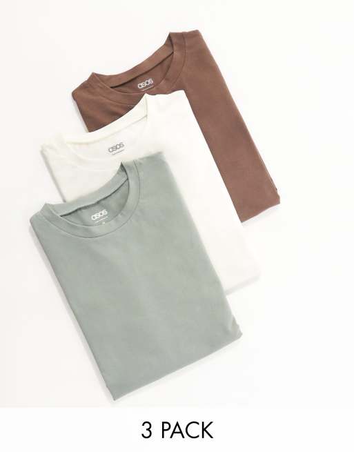 ASOS DESIGN – 3er-Pack Oversize-T-Shirts mit Rundhalsausschnitt in Ecru, Khaki und Braun