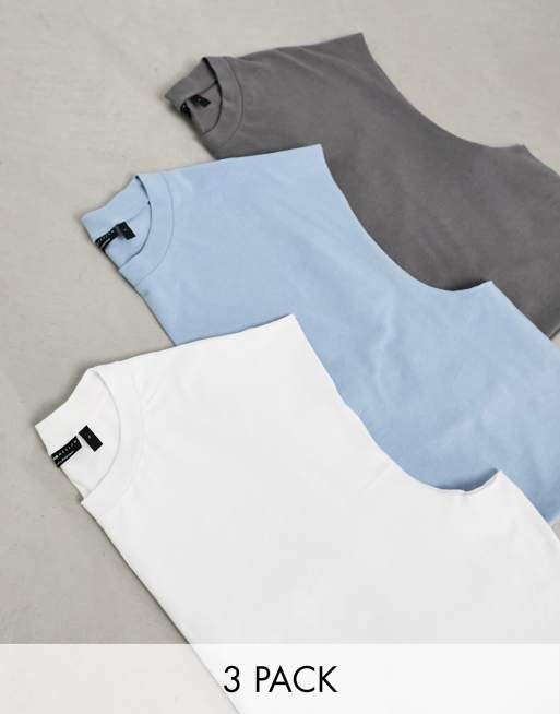 ASOS DESIGN – 3er-Pack Oversize-Trägertops in Grau, Weiß und Blau