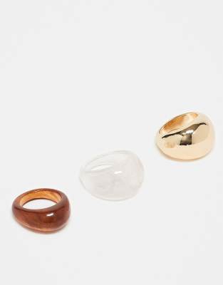 ASOS DESIGN - 3er-Pack Ringe aus Kunstharzmix in Gold-Optik-Bunt