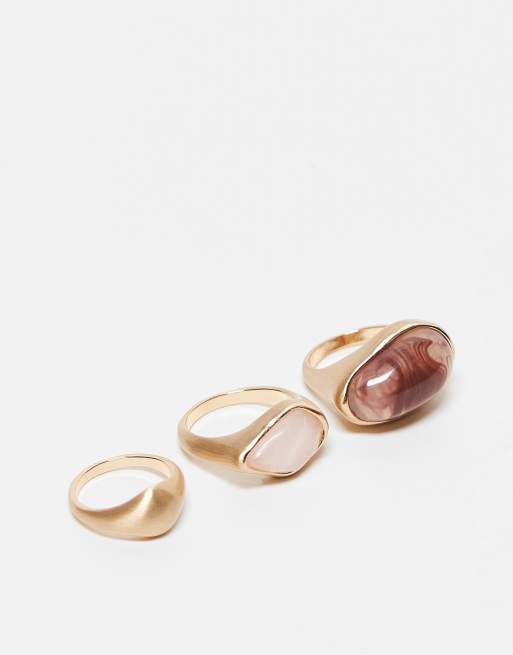 ASOS DESIGN – 3er-Pack Ringe im polierten Goldton mit Steinen in Halbedelsteinoptik
