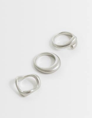 Er-Pack Ringe in gebürsteter Silberoptik mit verschiedenen minimalistischen Designs Silber S/M