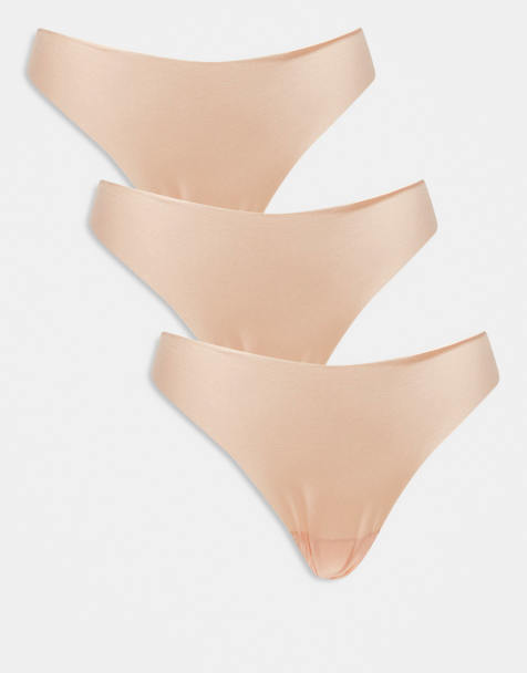 ASOS DESIGN – 3er-Pack sich nicht abzeichnende Spitzen-Tangas in Beige - view 1