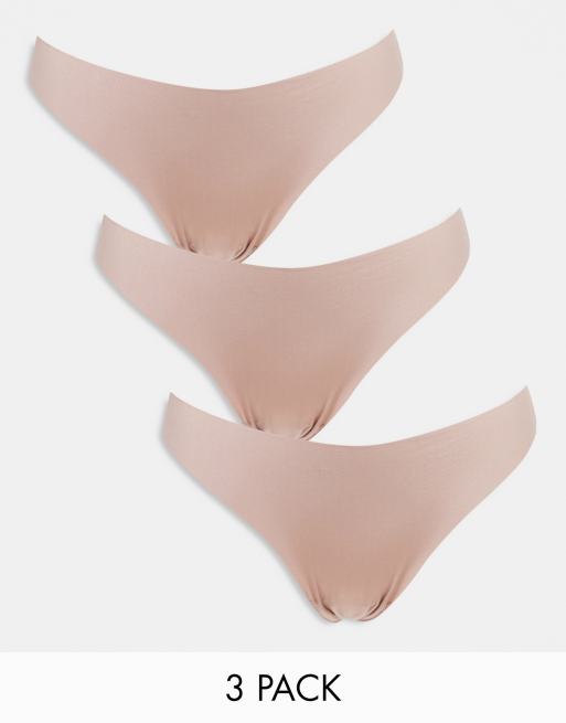 ASOS DESIGN – 3er-Pack sich nicht abzeichnende Spitzen-Tangas in Nerzbraun