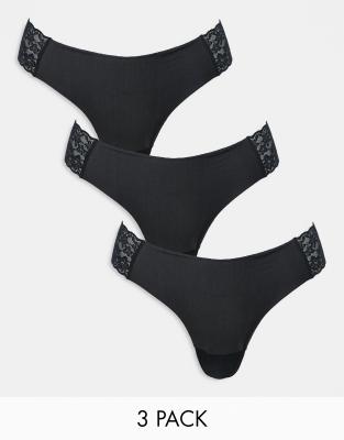 ASOS DESIGN - 3er-Pack sich nicht abzeichnende Tangas in Schwarz mit seitlicher Spitze