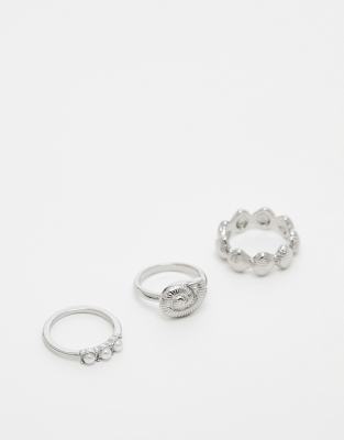 ASOS DESIGN - 3er-Pack silberfarbene Ringe mit Kunstperlen- und Muscheldesign