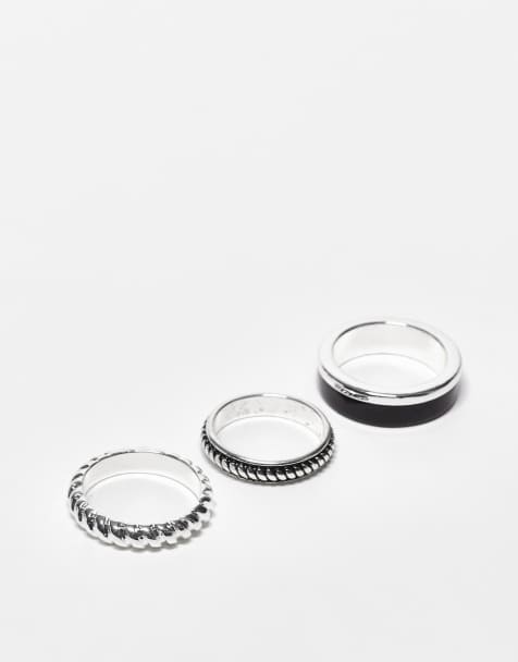 ASOS DESIGN – 3er-Pack silberfarbene Ringe mit schwarzem Emaille- und Struktur-Design - view 1