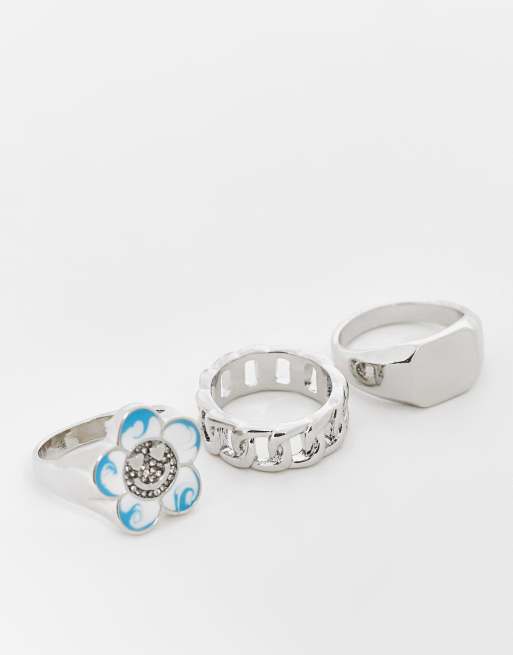 ASOS DESIGN 3erPack silberfarbene Ringe mit verschiedenen Blumen