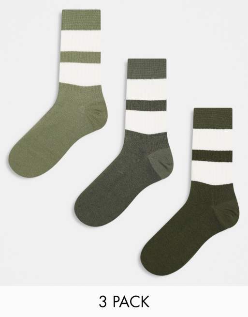 ASOS DESIGN – 3er-Pack Socken in Khaki mit Streifen