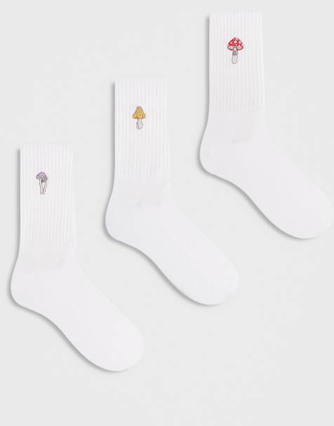 ASOS DESIGN – 3er-Pack Socken in Weiß mit aufgesticktem Pilzmotiv - view 1