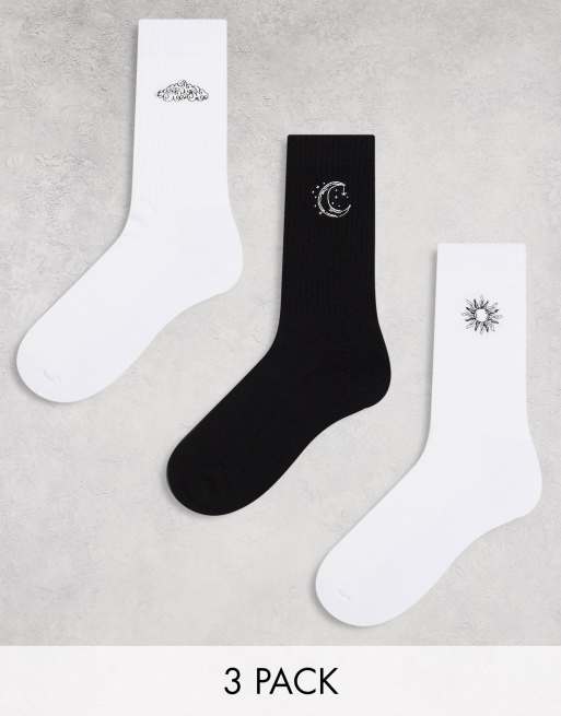 ASOS DESIGN – 3er-Pack Socken in Weiß mit Himmelskörperstickerei