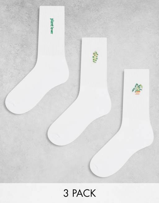 ASOS DESIGN – 3er-Pack Socken in Weiß mit Pflanzenstickerei