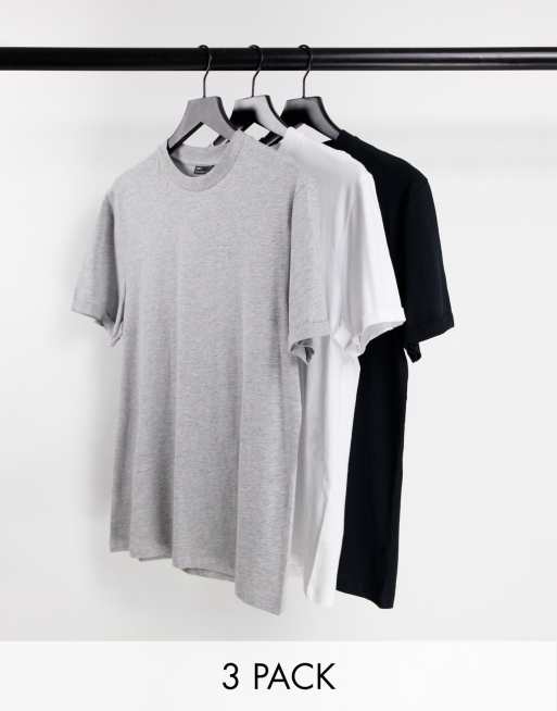 ASOS DESIGN – 3er-Pack T-Shirts in Grau meliert, Weiß und Schwarz mit Rundhalsausschnitt und gerollten Ärmeln