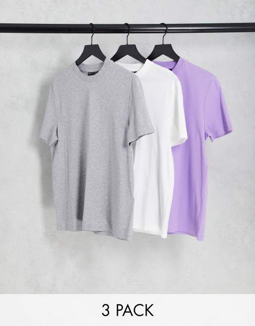 ASOS DESIGN – 3er-Pack T-Shirts in Grau, Weiß und Flieder mit Rundhalsausschnitt