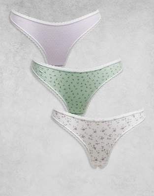 ASOS DESIGN - 3er-Pack Tangas aus Pointelle in Flieder mit Spitzenbesatz und Blümchenmuster-Bunt