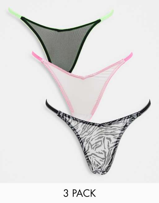 ASOS DESIGN – 3er-Pack Tangas mit Picot-Besatz in Neon-Bunt