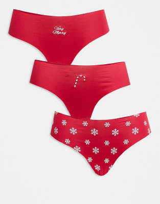 ASOS DESIGN - 3er-Pack unsichtbare Brazilian-Slips in Kirschrot mit Spitze und weihnachtlichem Muster