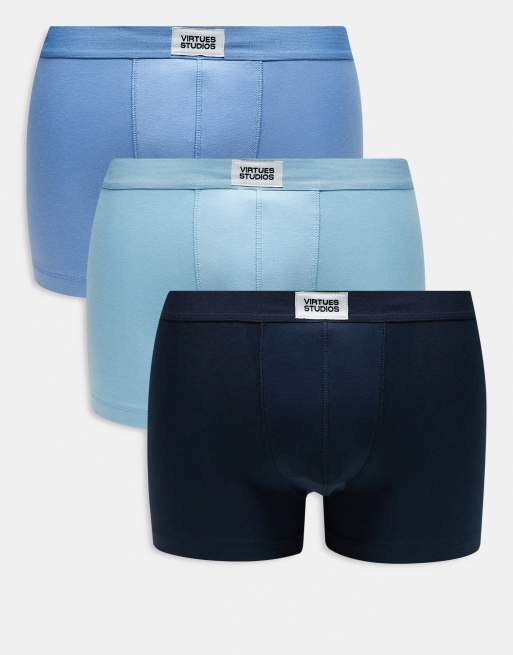 ASOS DESIGN – 3er-Pack Unterhosen in Blautönen mit Aufnäher
