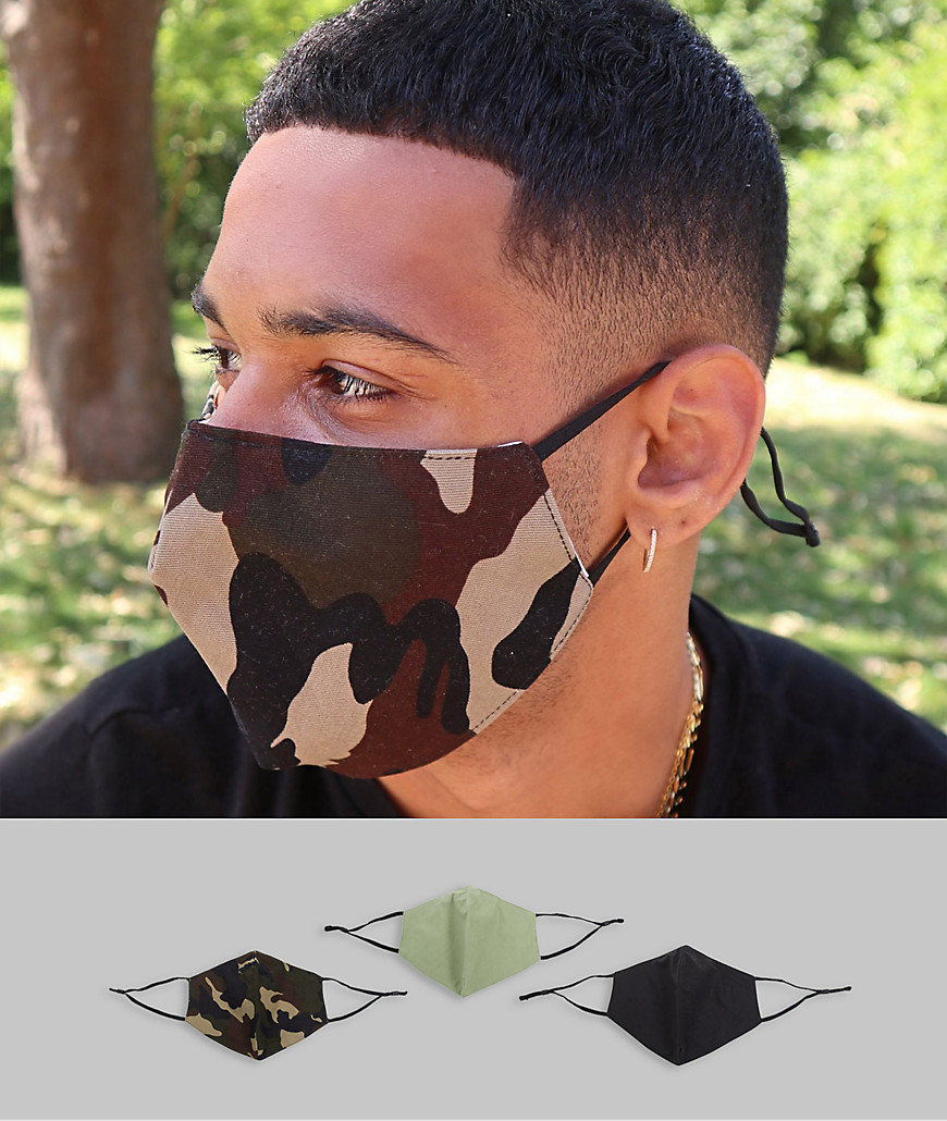ASOS DESIGN – 3er-Pack Gesichtsmasken mit verstellbaren Bändern und biegsamem Nasenbügel in Military-Muster-Schwarz