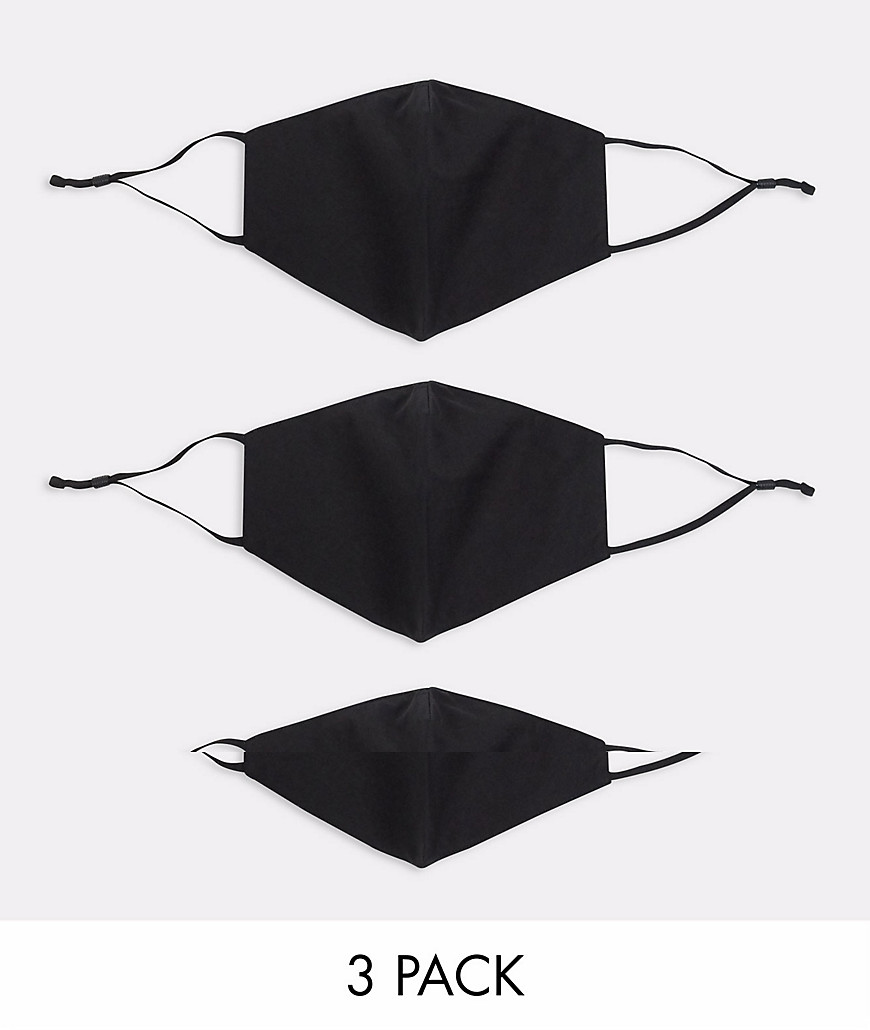 ASOS DESIGN – 3er-Pack Gesichtsmasken mit verstellbaren Bändern und biegsamem Nasenbügel in Schwarz