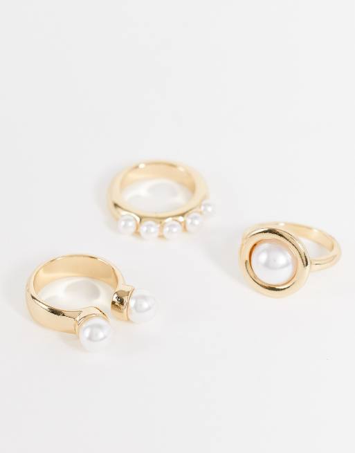 ASOS DESIGN – 3er-Set goldfarbene Ringe mit Perlen
