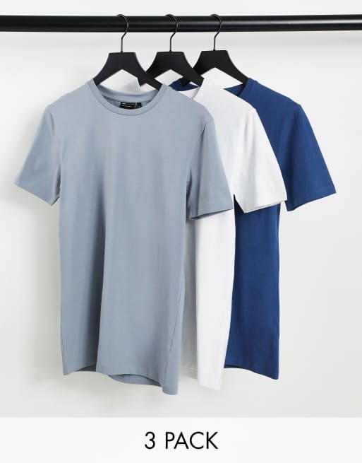 ASOS DESIGN – 3er-Set Muskel-T-Shirts in Blau, Weiß und Navy mit Rundhalsausschnitt