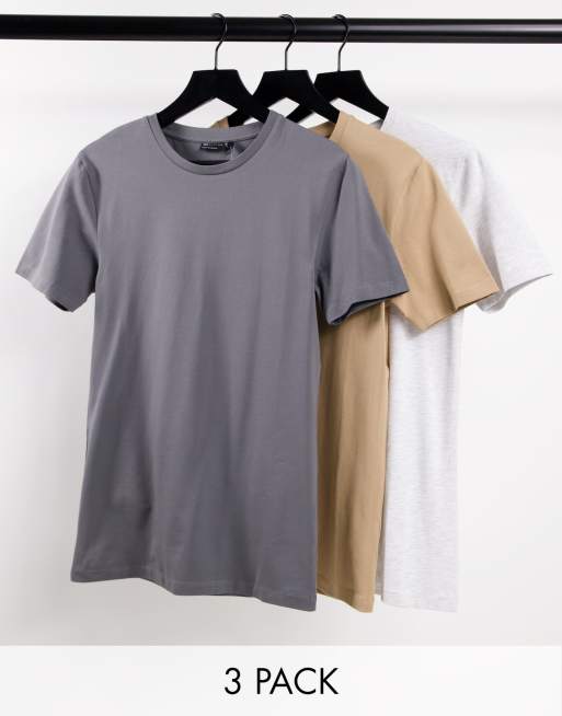 ASOS DESIGN – 3er-Set Muskelshirts in Grau, Beige und Weiß mit Rundhalsausschnitt