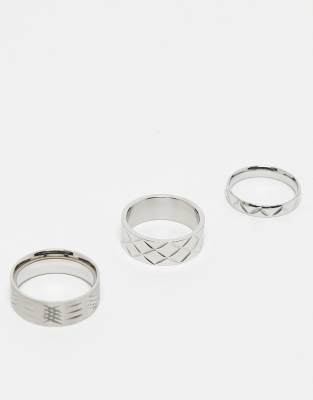 ASOS DESIGN – 3er-Set silberfarbene Bandringe aus wasserfestem Edelstahl mit Gravur