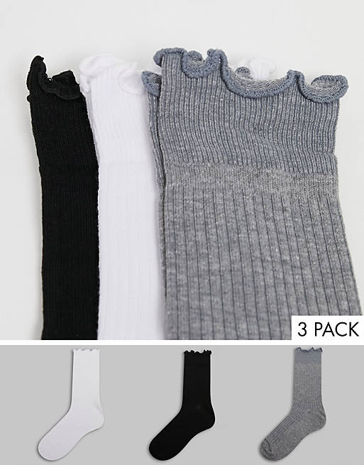 ASOS DESIGN 3 pack frill top calf length socks in multi
