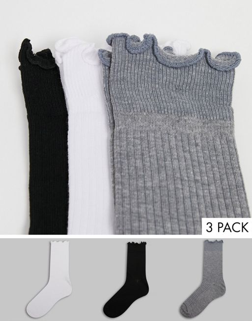 ASOS DESIGN 3 pack frill top calf length socks in multi