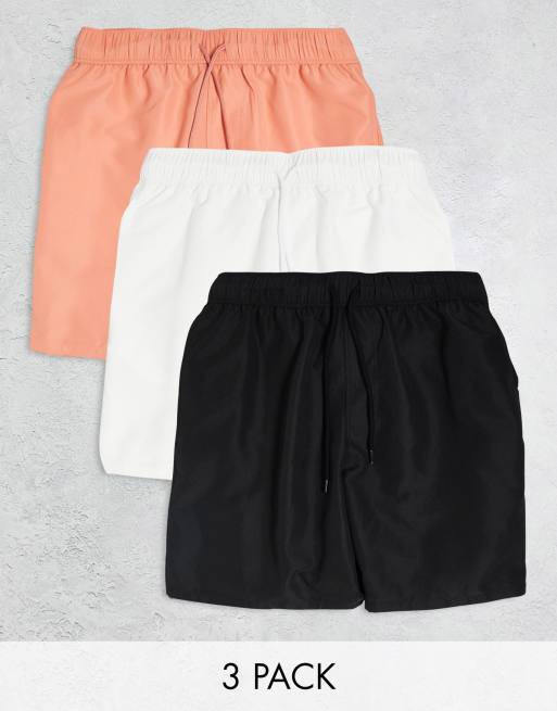 ASOS DESIGN – 3er-Sparpack halblange Badeshorts in Schwarz/Weiß/Orange