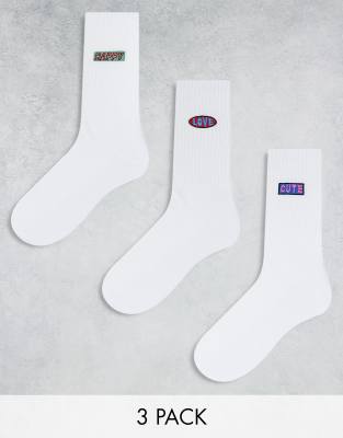 ASOS DESIGN 3pk sock with love embroidery in white | ASOS