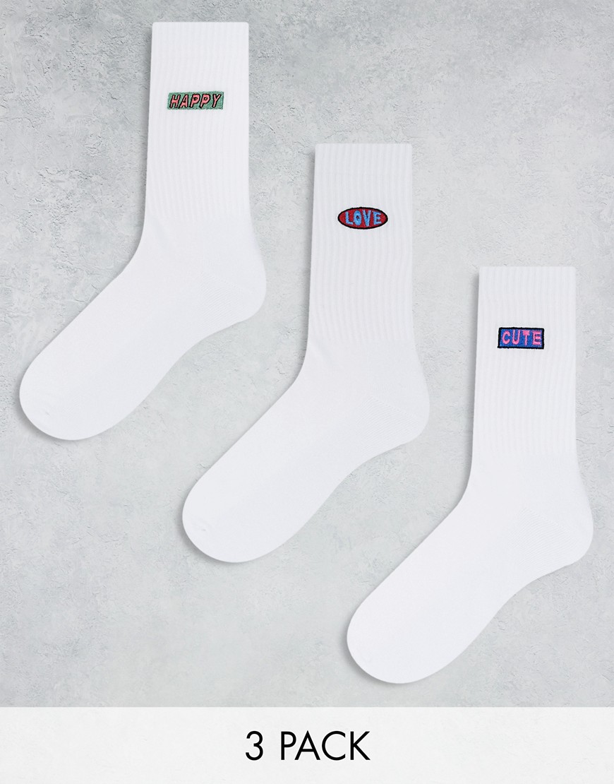 ASOS DESIGN 3pk sock with love embroidery in white