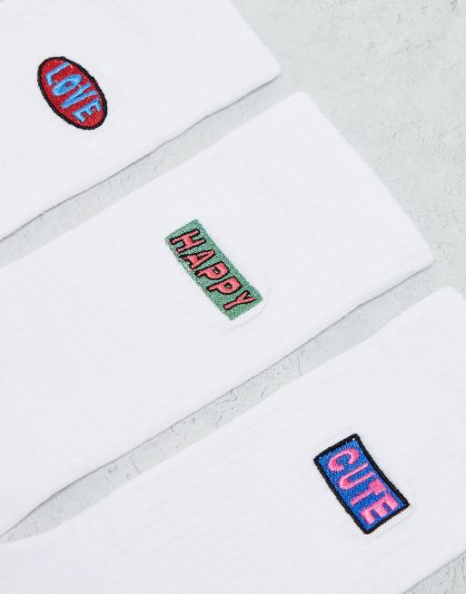ASOS DESIGN 3pk sock with love embroidery in white, 2 of 4