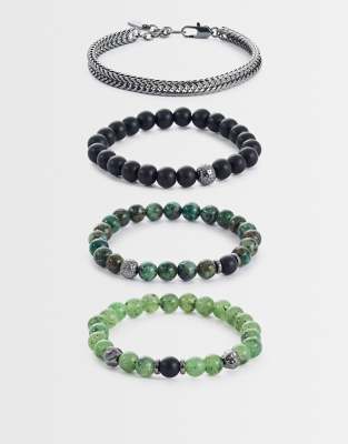 Asos Design 4 Pack Aquatic Agate Semi-precious Bead And Chain Bracelet In Black
