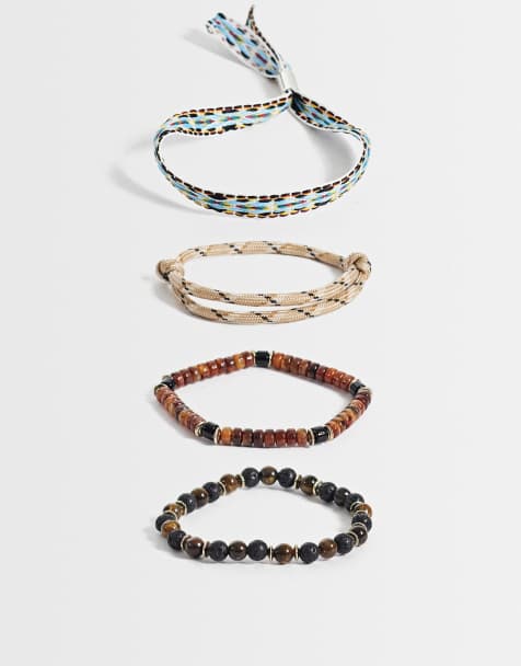 ASOS DESIGN 4-pack armband med blandade material, vävd rem och pärlor i neutrala toner - view 1
