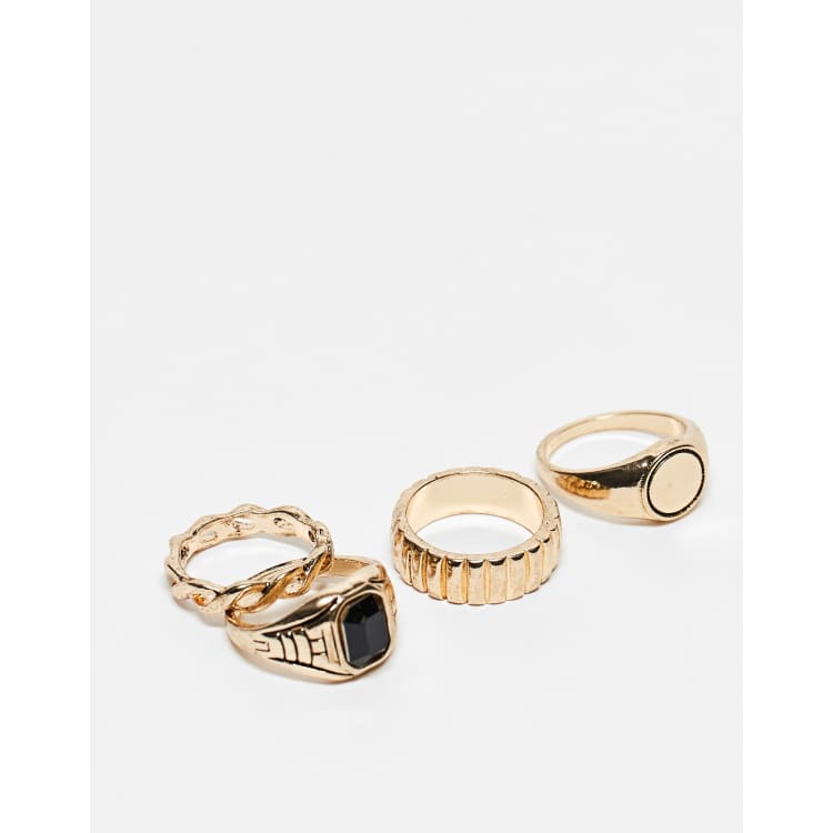 ASOS DESIGN 4 pack band and signet ring set in gold tone ASOS