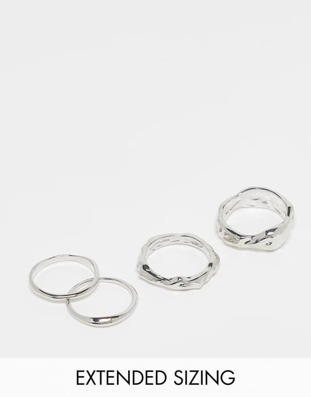 ASOS DESIGN 4 pack band ring set with drippy effect in silver tone