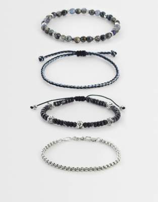 Asos Design 4 Pack Beaded And Chipping Stone Bracelet In Silver