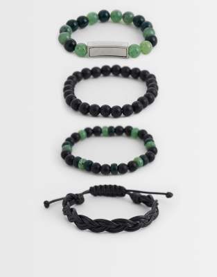 Asos Design 4 Pack Beaded And Rope Bracelets In Green